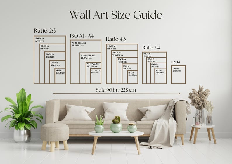 May include: A wall art size guide with different ratios and measurements in inches and centimeters. The guide shows the size of artwork that would look good above a 90-inch sofa.