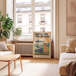 May include: A vintage poster with the text "Golden Day on the Greens" featuring a golden retriever dog sitting in a golf cart on a green golf course.
