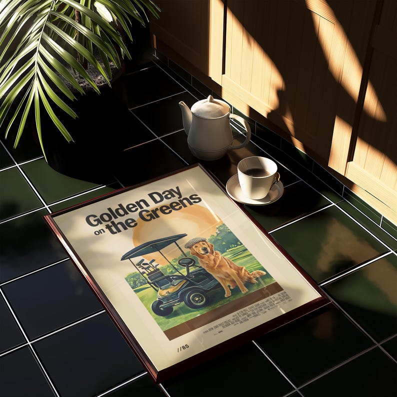 May include: A framed poster with the text "Golden Day on the Greens" and a picture of a golden retriever sitting in a golf cart on a green golf course.