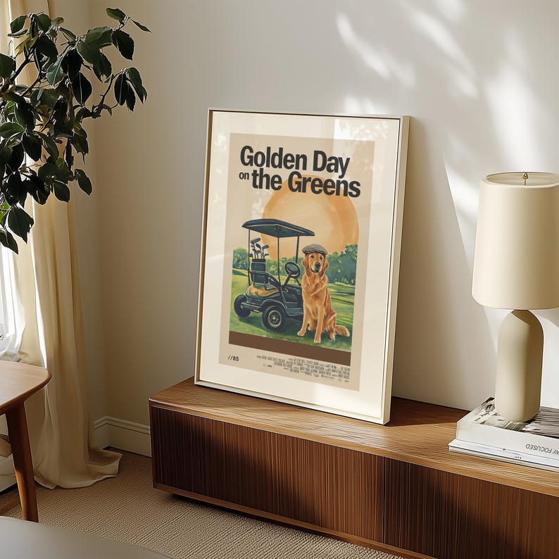 May include: A vintage-style movie poster with a golden retriever dog sitting in a golf cart. The poster is titled "Golden Day on the Greens".