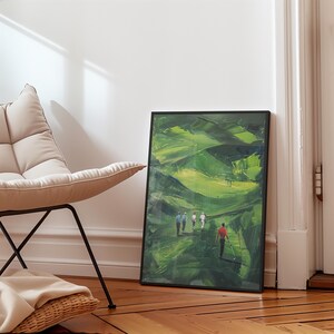 May include: A framed painting of a golf course with five golfers walking in a line. The painting is done in a loose, impressionistic style with bold strokes of green, yellow, and blue paint.