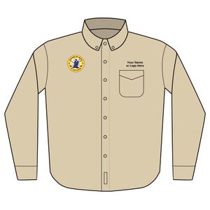 May include: A beige button-down shirt with long sleeves, a chest pocket, and a button-down collar. The shirt has a circular emblem on the left chest and the text "Your Name or Logo Here" above the pocket. The emblem has a blue figure and the text "Wizard of Waste Golf Club".