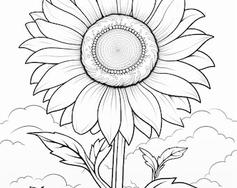 May include: Black and white line art illustration of a sunflower in full bloom. The sunflower has large petals and a detailed center. The stem and leaves are also visible, with a background of clouds and grass.
