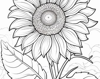 May include: Black and white line art illustration of a sunflower. The flower has multiple petals surrounding a detailed center. The stem and leaves are also outlined, creating a coloring book style image.
