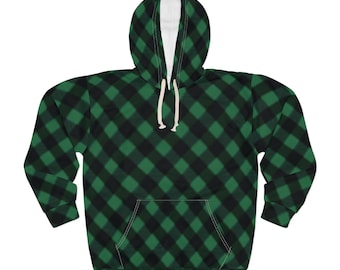May include: Green and black plaid hoodie with a white interior lining and drawstring. The hoodie features a kangaroo pocket and a hood. The plaid pattern is a classic design, suitable for casual wear.