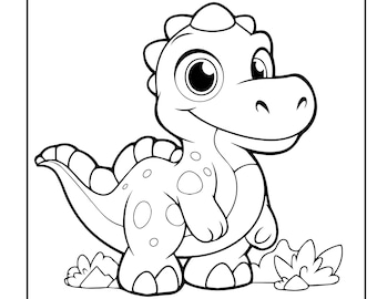 May include: A black and white cartoon illustration of a smiling dinosaur. The dinosaur has large eyes, a friendly expression, and spots on its body. It is standing on a patch of grass.