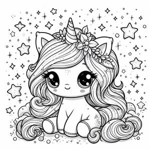 May include: A black and white illustration of a cute unicorn with large eyes, a flower crown, and a spiraled horn. The unicorn is surrounded by stars and sparkles, creating a whimsical and magical theme.