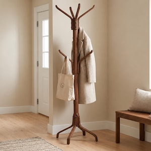 Puede incluir: Un perchero alto de madera de color marrón oscuro con un poste vertical central, cuatro patas curvas en la base y múltiples ganchos curvados hacia arriba en los niveles superior y medio. Un abrigo beige y una bolsa de lona color crema cuelgan de los ganchos.