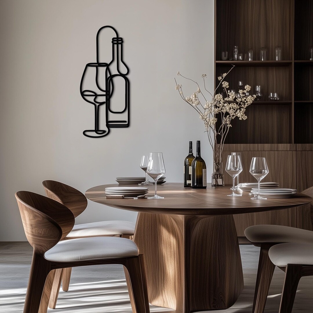 Minimalist Wine Bottle and Glass Metal Wall Art - Elegant Kitchen Decor ...