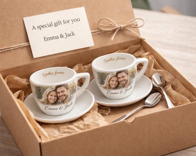 Personalized Espresso Cup Set for Couple Photo Coffee Set with Names Gift Box