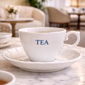 May include: A white teacup and saucer set with the word "TEA" printed in blue on the cup. The cup is filled with tea and sits on a marble surface. The background is a blurred interior setting.