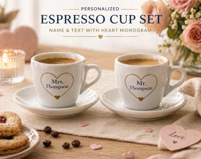 Personalized Espresso Cup Set of 2 Heart Monogram Name Couple Gift