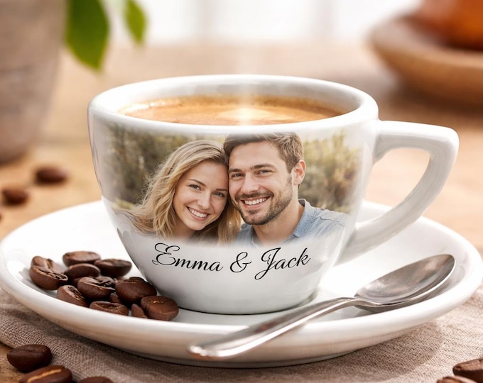 Custom Espresso Cup Set for Couple Photo Coffee Gift Personalized Wedding Engagement Present