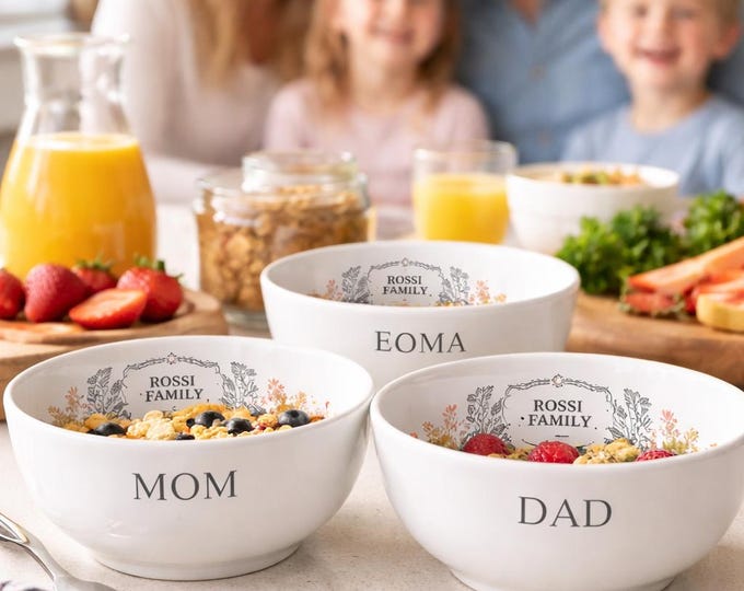 Personalized Family Crest Ceramic Breakfast Bowls – Custom Name Set