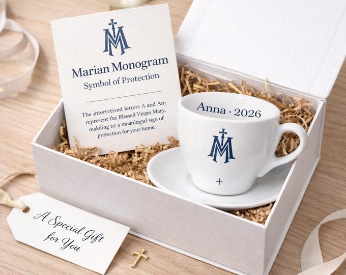 Personalized Marian Monogram Espresso Cup Catholic Gift Christian Coffee Cup Name Rim