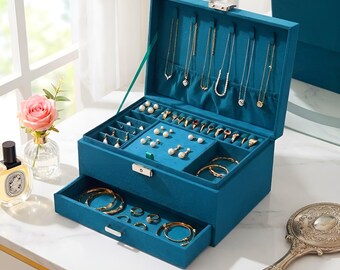 Vintage Emerald Suede Jewelry Box Organizer, 3-Tier Ring & Earring Display, Dark Academia Gift