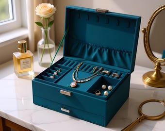 Dark Green Suede Jewelry Box Organizer, 3-Tier Vintage Emerald Display Case