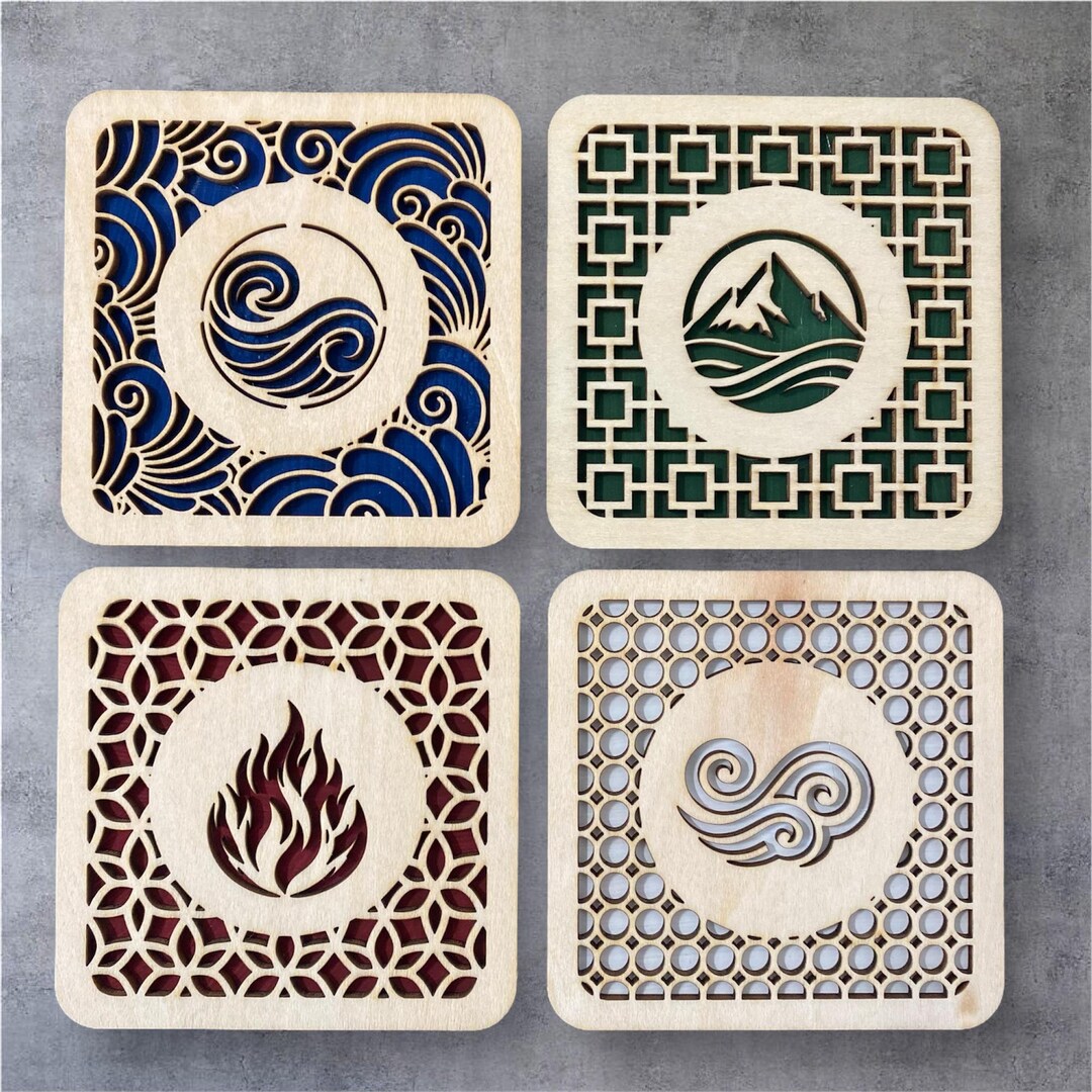 Four Elements Wooden Coaster Set | Water, Earth, Fire, Air | Elemental ...