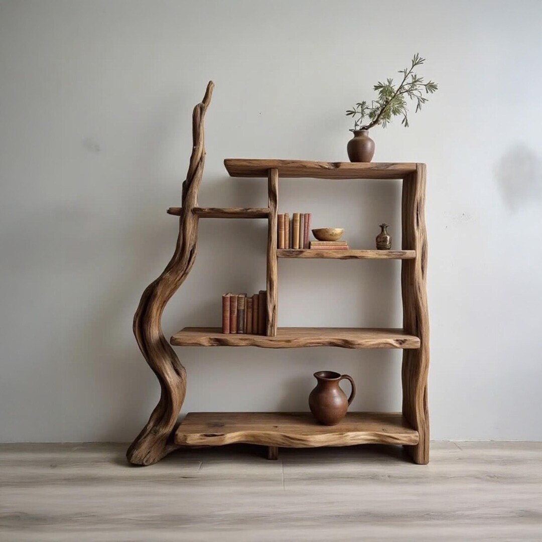 Natural Wood Bookcase Driftwood Branch Art Tree Bookshelf Standing Live ...