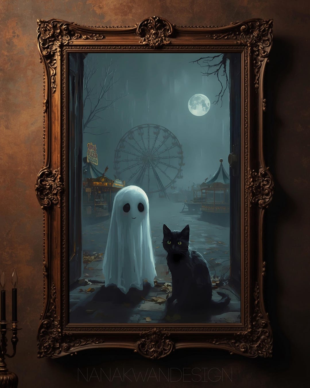 Black Cat & Ghost Carnival Art: Dark Academia Halloween Decor (digital ...