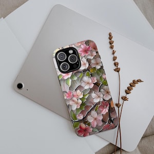 Stained Glass Effect Pink Cherry Blossom iPhone Case - Elegant Tough Cases for Spring , Flower Phone Accessory, Gift for Her, Nature Lover