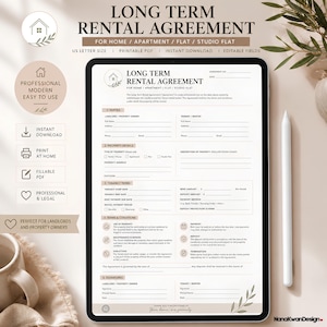 May include: A digital tablet displays a Long Term Rental Agreement document for a home, apartment, flat, or studio flat. The form includes sections for parties, property details, tenancy terms, conditions, and signature lines in black text.
