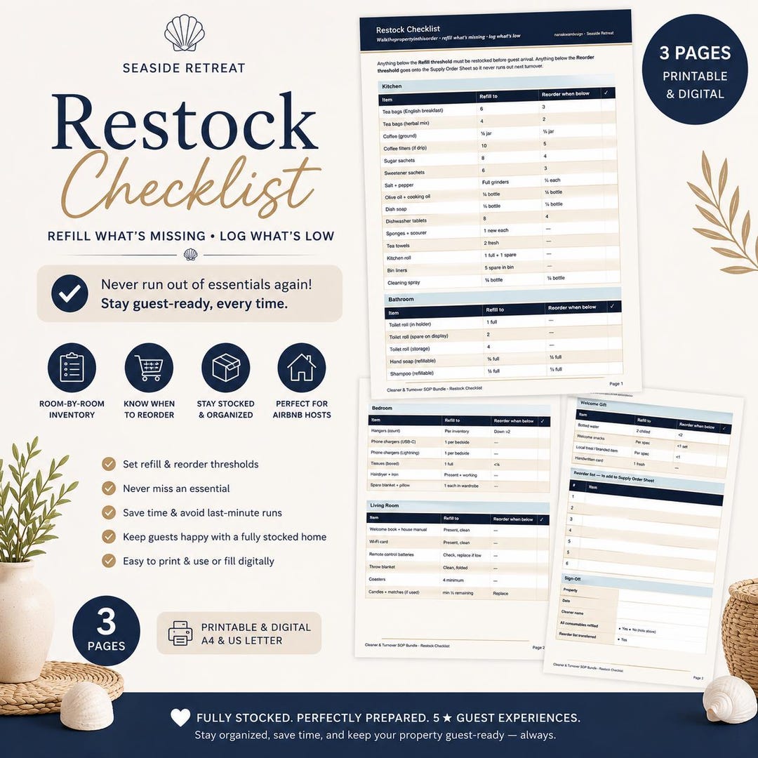 Airbnb Restock Checklist Template | Vacation Rental Supply Tracker ...