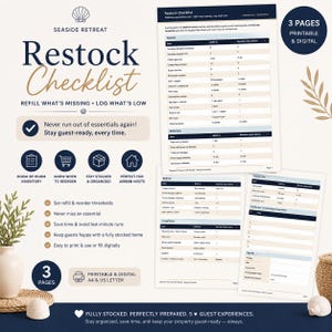 May include: A Seaside Retreat Restock Checklist, a 3-page printable and digital guide. The checklist helps to refill what's missing and log what's low. It includes room-by-room inventory, reorder information, and organization tips for Airbnb hosts.