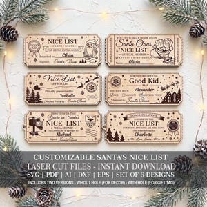 May include: Six rectangular light-coloured wooden plaques featuring laser-engraved Santa Claus Nice List designs. Each plaque includes festive holiday graphics like snowflakes, reindeer, and mailboxes, with blank spaces for names and signatures.