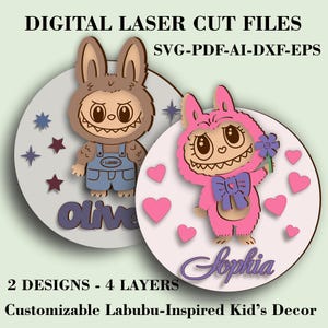 Aanpasbaar Labubu - geïnspireerd kinderbord - lasergesneden bestanden voor naamdecor kinderkamer - 2 ontwerpen - 4-laags SVG voor Glowforge, xTool, LightBurn