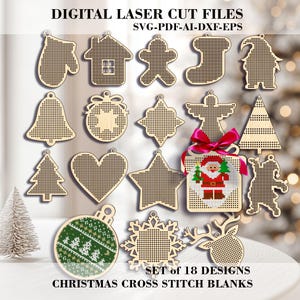 Może przedstawiać: Zestaw 18 drewnianych szablonów do haftu krzyżykowego na Boże Narodzenie wyciętych laserowo w różnych kształtach, w tym rękawica, dom, piernik, skarpeta, anioł, dzwonek, ozdoba, gwiazda, serce, płatek śniegu i renifer. Obraz zawiera tekst "DIGITAL LASER CUT FILES".