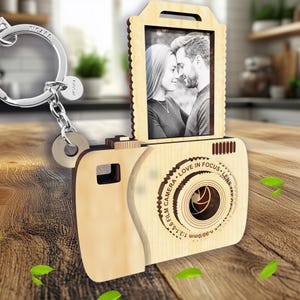 May include: Wooden camera keychain with a photo frame and the text "Love in Focus - Lens 50mm f/1.8 Film Camera".