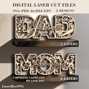 SVG "MAMÁ Y PAPÁ, TE AMO" - Letreros multicapa para regalo de padres - Archivos cortados con láser para el Día de la Madre y el Padre - Descarga digital Glowforge LightBurn