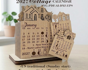 2027 Country Houses Tabletop Calendar SVG · Cottage Standing Desk Calendar · Laser-Cut Files · Digital Download