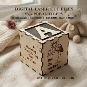 Aanpasbaar babyblok SVG - gepersonaliseerd blok geboortestatistieken - digitale lasergesneden bestanden - klaar voor Glowforge en LightBurn - 2 maten