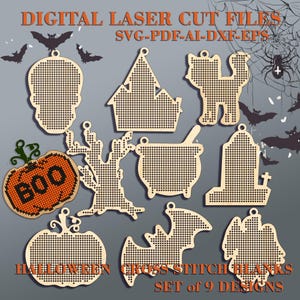 Może przedstawiać: Zestaw dziewięciu cyfrowych plików do cięcia laserowego do ozdób haftowanych krzyżykiem. Wzory obejmują dynię, czaszkę, nawiedzony dom, kociołek, drzewo, nagrobek, nietoperza i dwa koty. Pliki są dostępne w formatach SVG, PDF, AI, DXF i EPS.