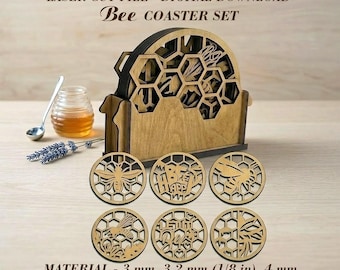 May include: A laser cut wooden bee coaster set with a matching holder. The set includes six circular coasters featuring honeycomb patterns, bees, and text. Text reads: LASER CUT FILE - DIGITAL DOWNLOAD Bee coaster set. MATERIAL - 3 mm, 3.2 mm (1/8 in), 4 mm SVG - PDF - AI - DXF - EPS.