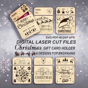 May include: A collection of six wooden Christmas gift card holders with various engraved designs. The holders feature festive imagery, including Santa hats, reindeer, and holiday greetings. Text on the holders includes "Merry Christmas" and "Happy New Year."