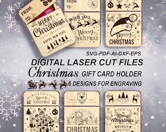 Christmas gift card holder laser cut file - 6 Holiday Designs - Personalized Money Holder Template - Digital download GlowForge Lightburn