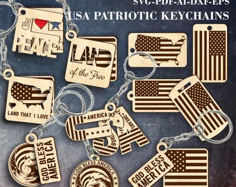USA Flag Keychain SVG - Set of 10 Patriotic Designs - Laser Cut Files - Layered & Single Flags - Digital Download - Glowforge LightBurn file