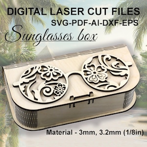 Cyfrowe pudełko na okulary przeciwsłoneczne SVG | Plik wektorowy dla małego drewnianego etui | Pliki cięte laserowo | Kompatybilne z Glowforge | Lightburn | Materiał - 3 mm, 3,2 mm