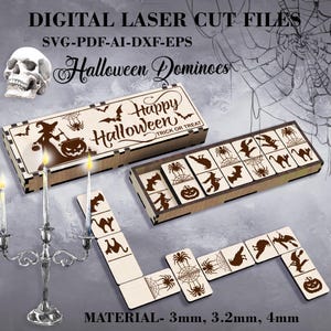 May include: A set of Halloween dominoes with a wooden box. The box has a design of a witch and a pumpkin with the text "Happy Halloween Trick or Treat". The dominoes have various Halloween-themed designs, including spiders, bats, pumpkins, and witches. The dominoes are made of wood and are available in 3mm, 3.2mm, and 4mm thicknesses.