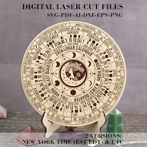 Calendario de fases lunares del árbol de la vida 2026 SVG - Calendario lunar redondo con soporte - Rueda del año SVG - Decoración de brujas - Archivo de corte láser digital