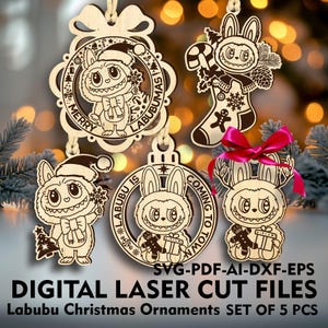Labubu kerstversieringen SVG Set van 5 feestelijke ontwerpen Merry Labubumas SVG Labubu komt eraan Digitale lasergesneden bestanden Glowforge LightBurn