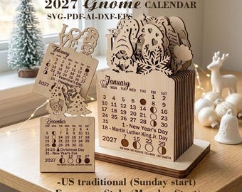 May include: Wooden 2027 Gnome Calendar with laser-cut details. The calendar features months of the year, with a decorative gnome design. The calendar is made of wood and includes the text "DIGITAL LASER CUT FILES 2027 Gnome CALENDAR".