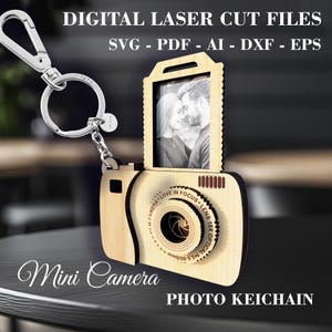 Llavero con mini cámara fotográfica SVG - Archivos cortados con láser - Llavero con marco de fotos personalizable - Descarga digital - Compatible con Glowforge y LightBurn