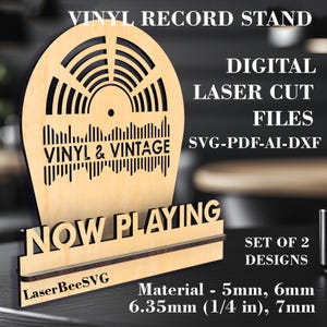 Houten vinylplatenstandaard lasergesneden bestand | Wordt nu afgespeeld Tabletop-platendisplay | Digitale SVG voor Glowforge | 5 mm, 6 mm, 6,35 mm (1/4"), 7 mm