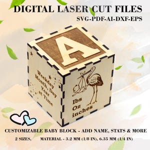 Anpassbarer Baby-Block SVG - Personalisierter Geburtsdaten-Block - Digitale Laserschnittdateien - Glowforge & LightBurn Bereit - 2 Größen