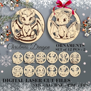 Skurril Drachen Weihnachtsschmuck SVG - Set von 12 - 02 Exklusive Designs - Laser Cut Dateien digitaler Download - Glowforge & LightBurn bereit