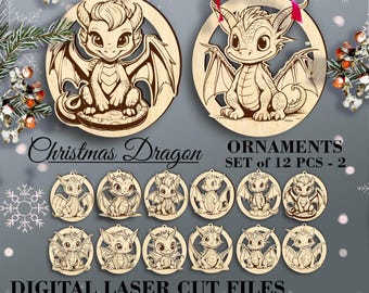 Fantazyjne ozdoby świąteczne Dragon SVG - Zestaw 12 - 02 ekskluzywne wzory - Pliki cięte laserowo Pobieranie cyfrowe - Glowforge i LightBurn Ready